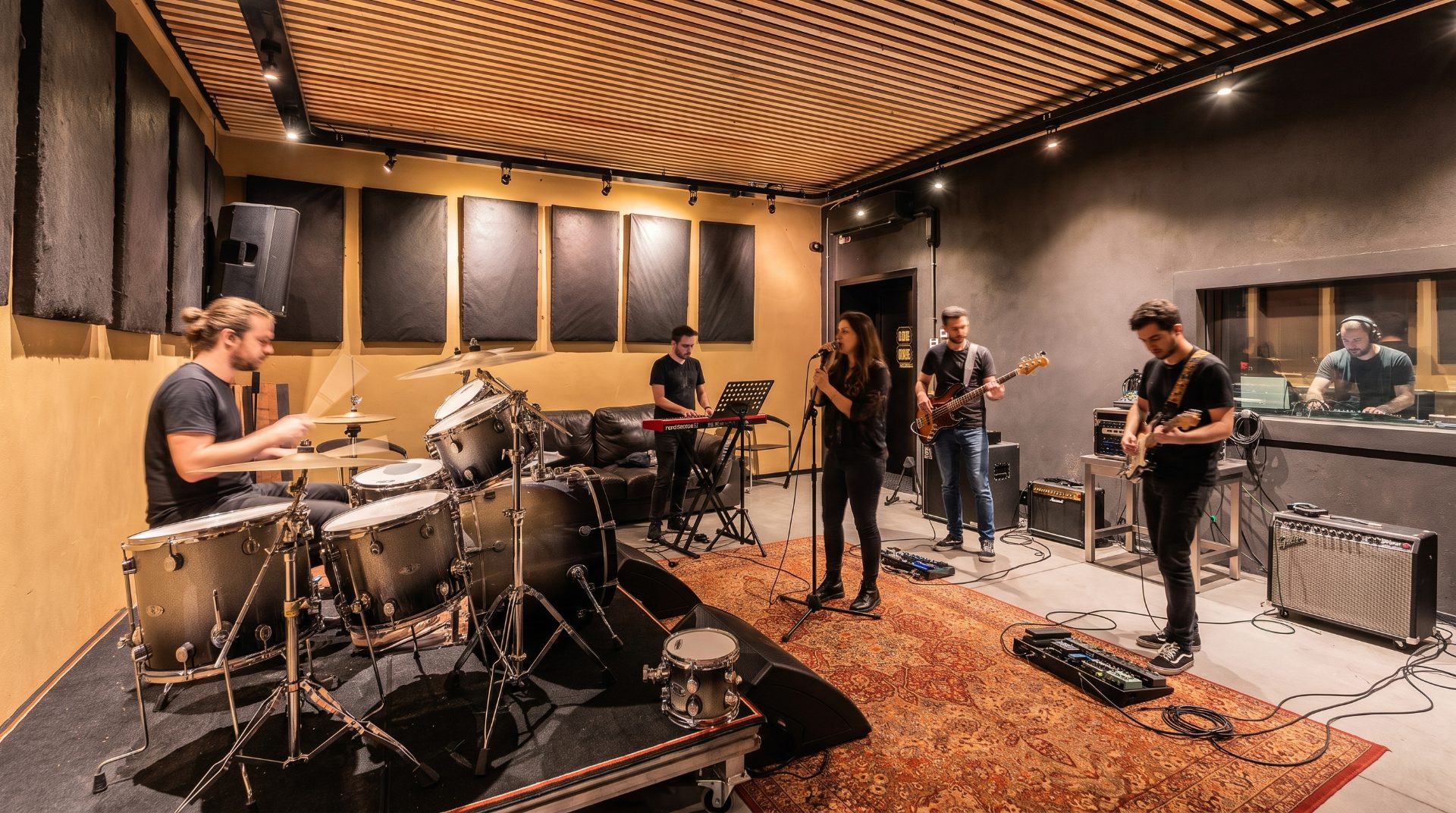A full band with vocalist rehearsing at Temple Studios