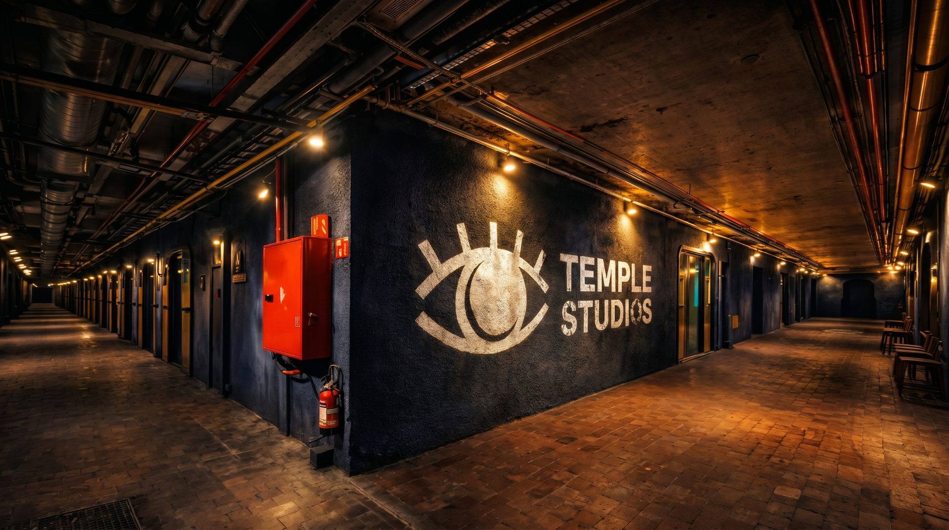Temple Studios corridor with the eye mural