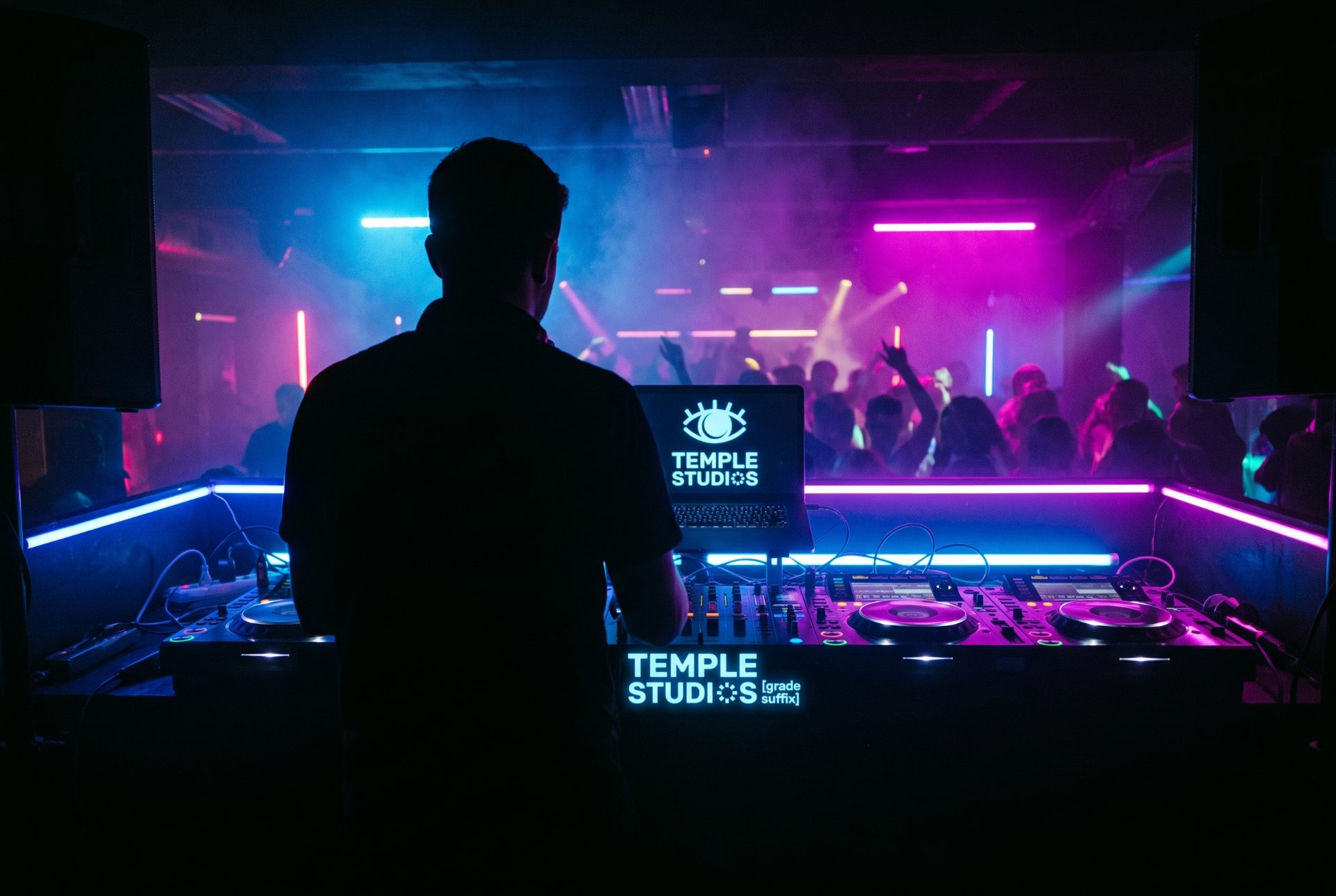 A DJ from behind facing the CDJs and laptop at Temple Studios