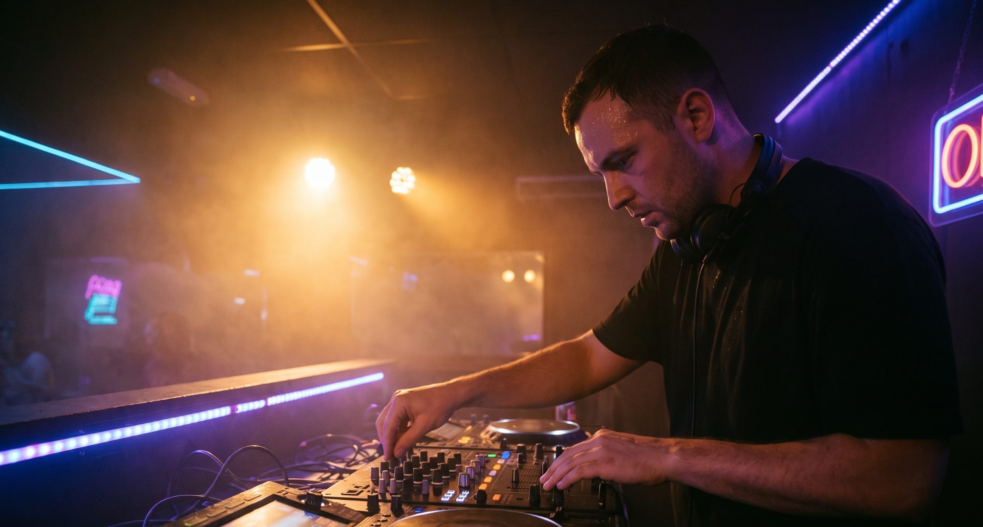 A DJ focused on the CDJs and mixer in the Temple Studios booth