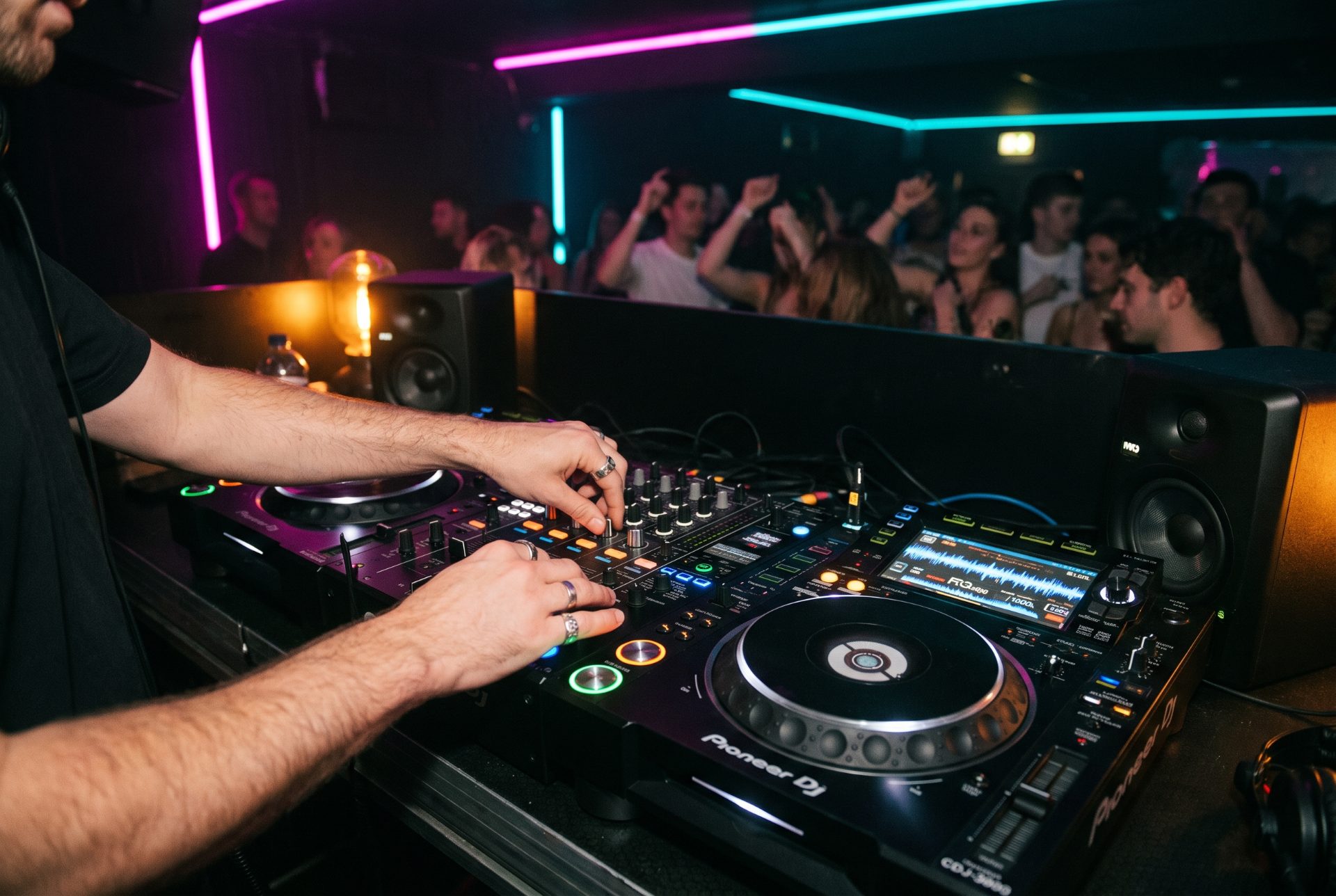 Close-in on a DJ's hands mixing on the CDJ jog wheels at Temple Studios