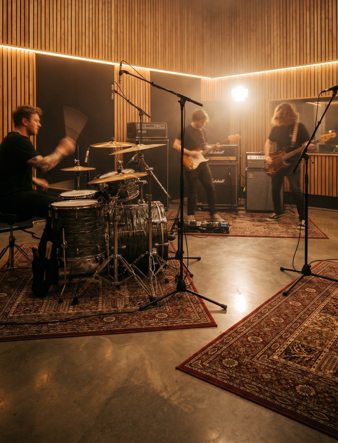 A band rehearsing together in a warm-lit Temple Studios room