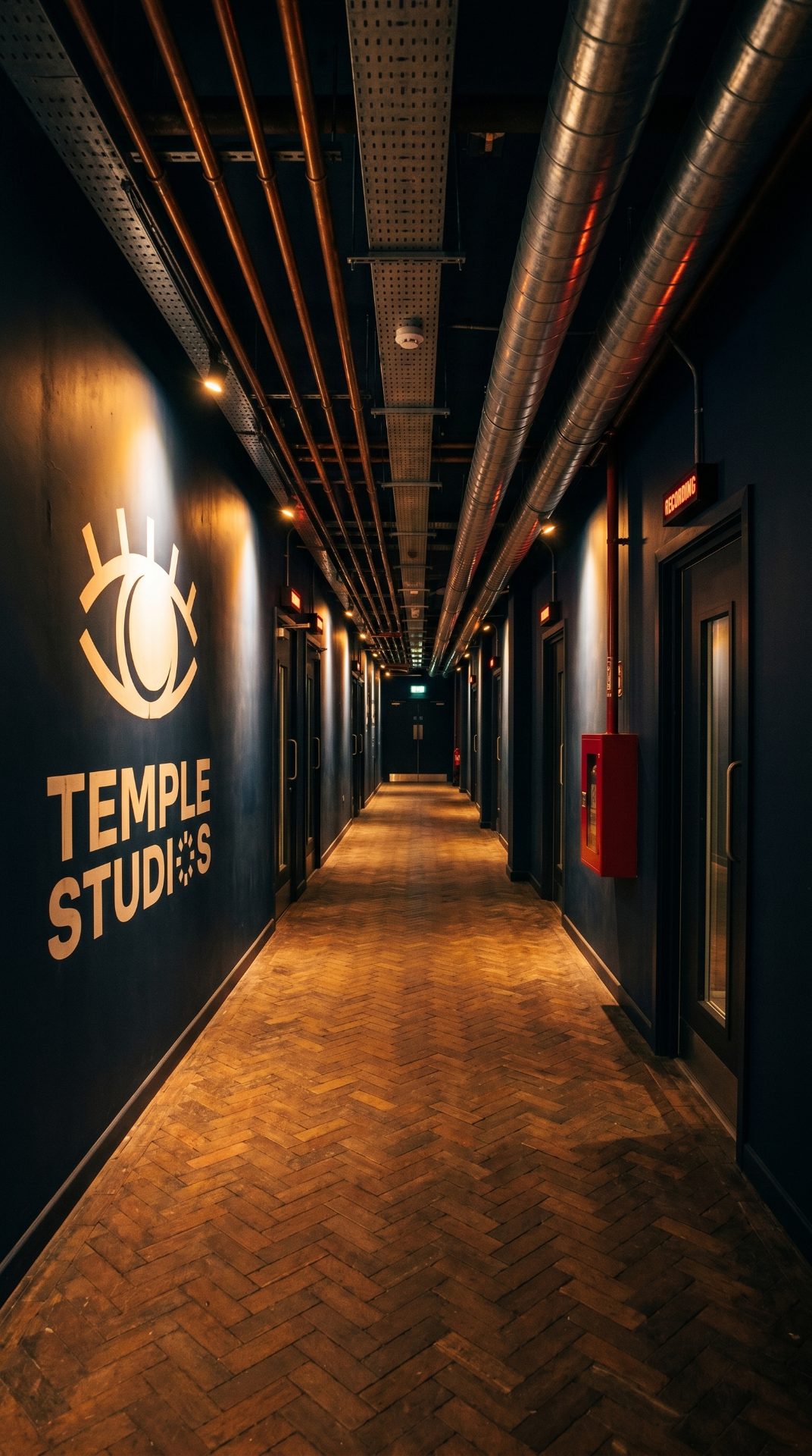 The lit corridor of Temple Studios at night