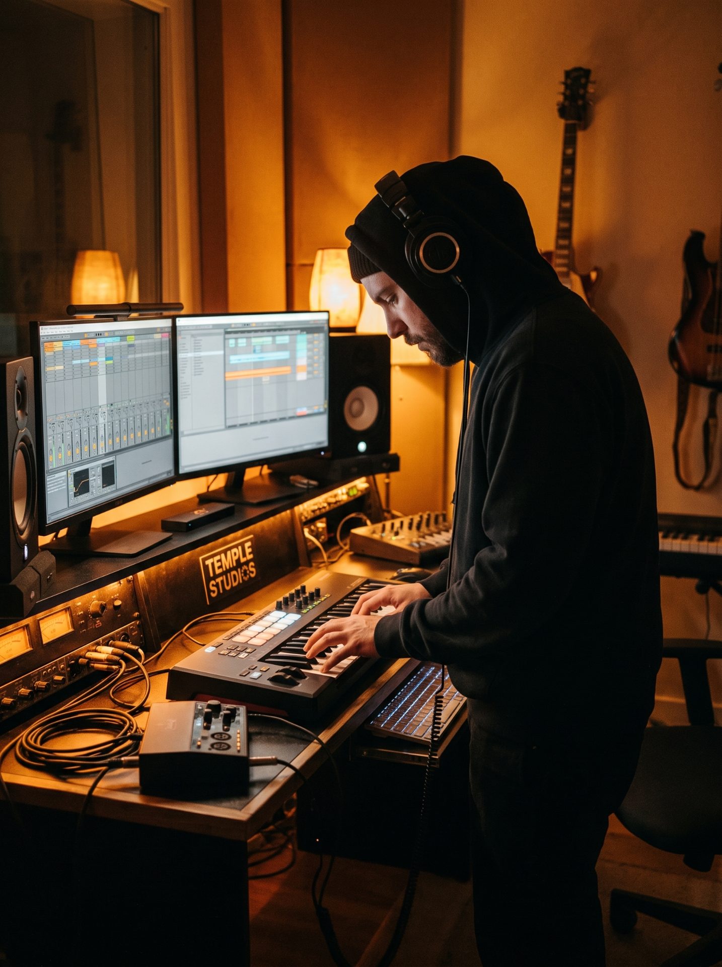 A producer working late at a keyboard