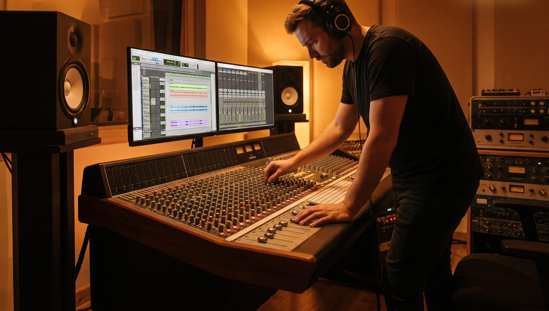 A producer mixing at the console with a dual-monitor DAW at Temple Studios