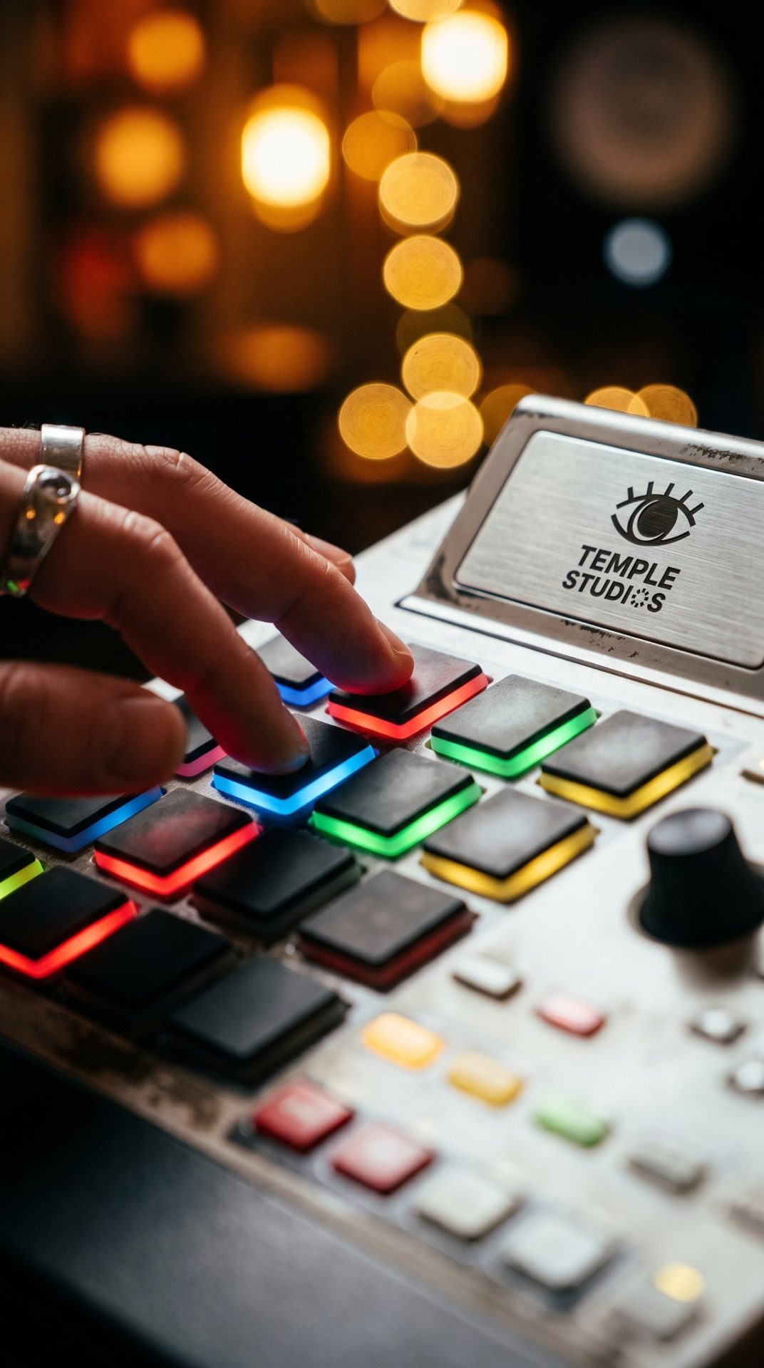 A producer's hands on the MPC pads at Temple Studios