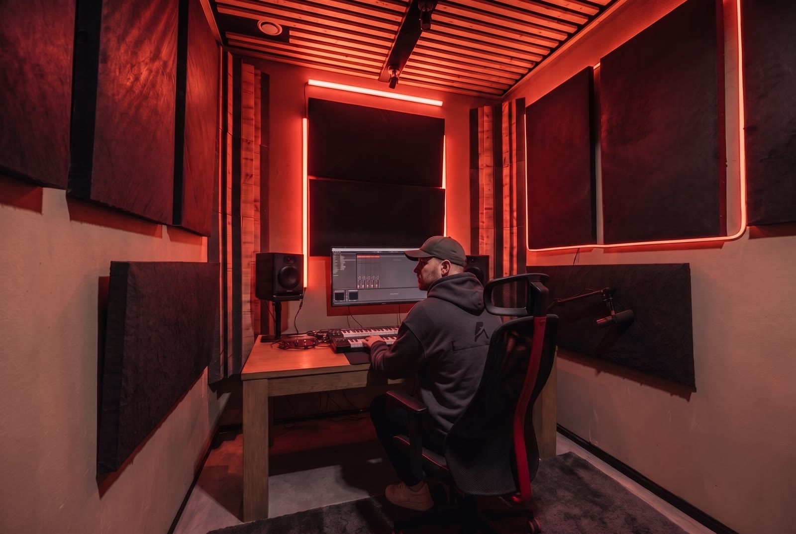 Een producer aan de toetsen in een roodverlichte productiebooth bij Temple Studios