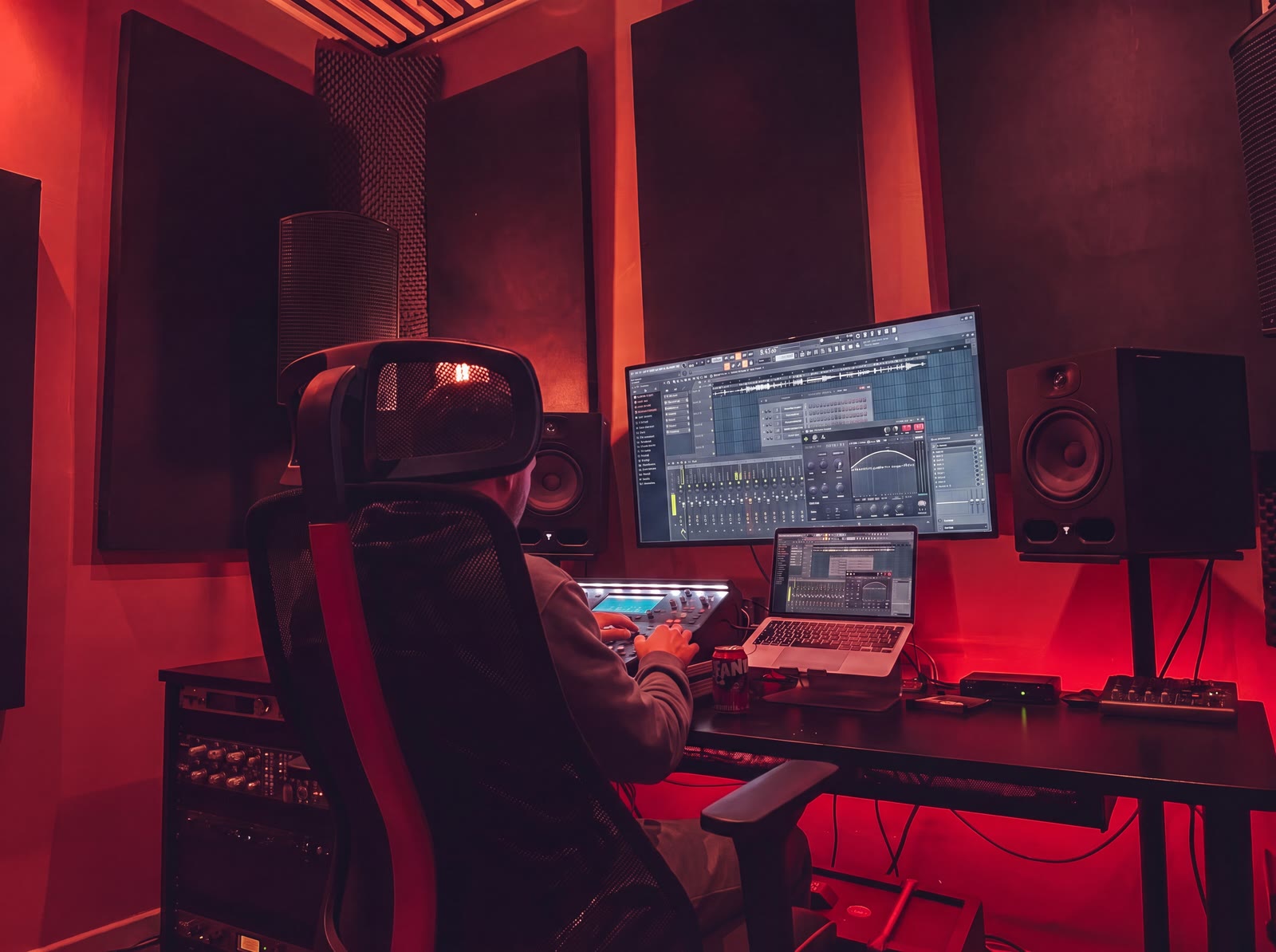 Een producer die mixt in een roodverlichte productieruimte bij Temple Studios