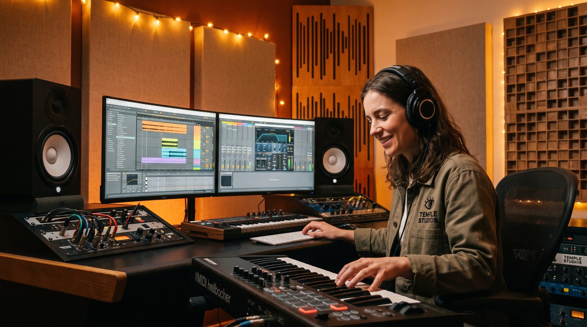 A producer working on dual monitors at Temple Studios