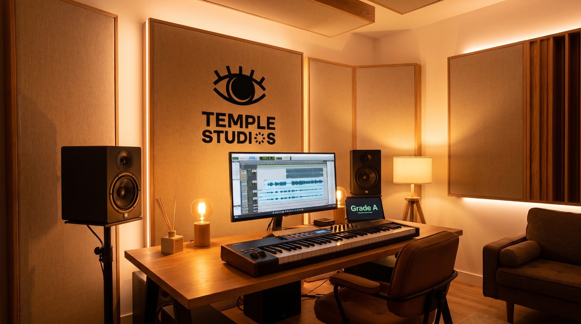 The treated Studio 2 production room in Mons with monitors, desk and DAW
