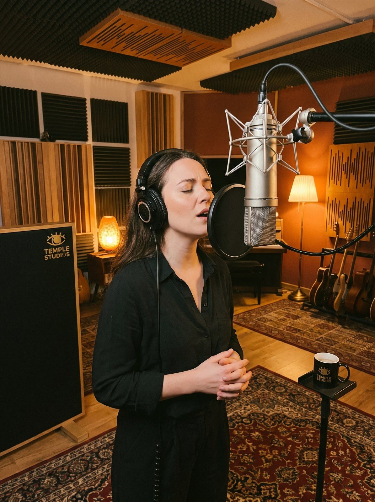 A solo vocalist recording at a condenser mic at Temple Studios