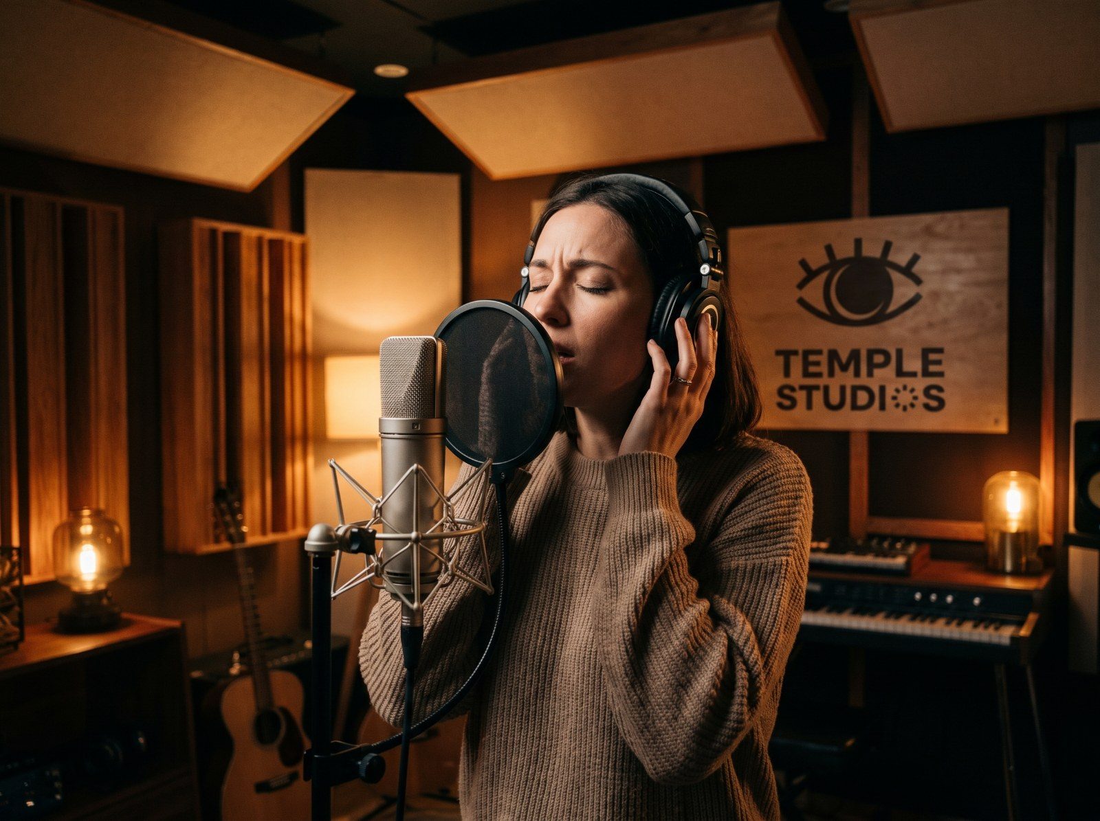 A solo vocalist tracking into a studio mic
