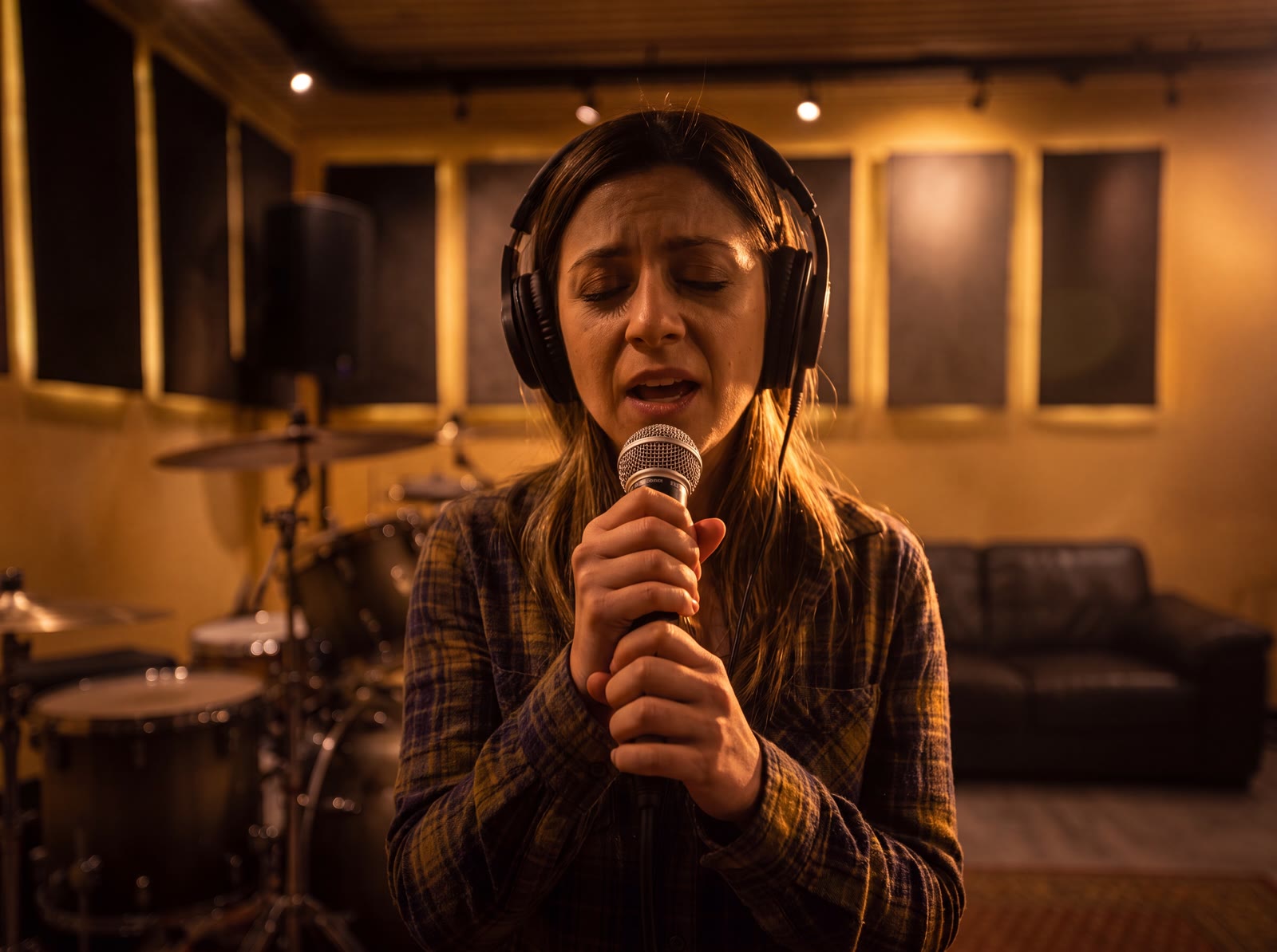 Een solozangeres die met koptelefoon in de micro zingt in een warm verlichte ruimte van Temple Studios
