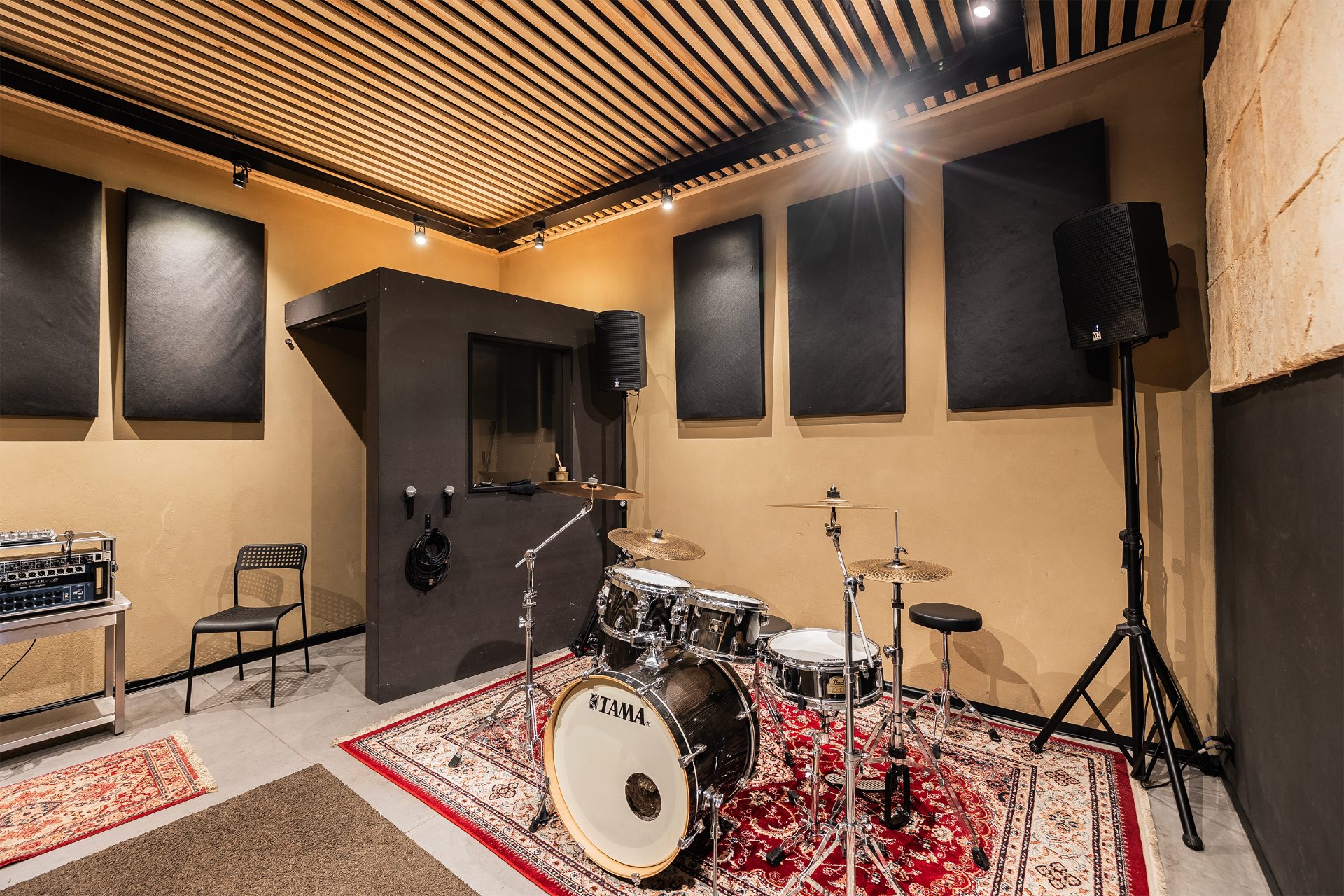 A Temple Studios band room with drum kit, ready to play